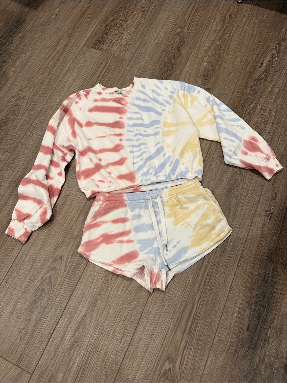 Z Supply Tie-Dye Cropped Sweatshirt & Shorts Set - Red, Blue & Yellow